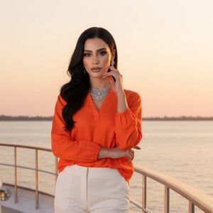 Boden Orange Linen V-Neck Blouse Lightweight Summer Top Size US 10 NWT